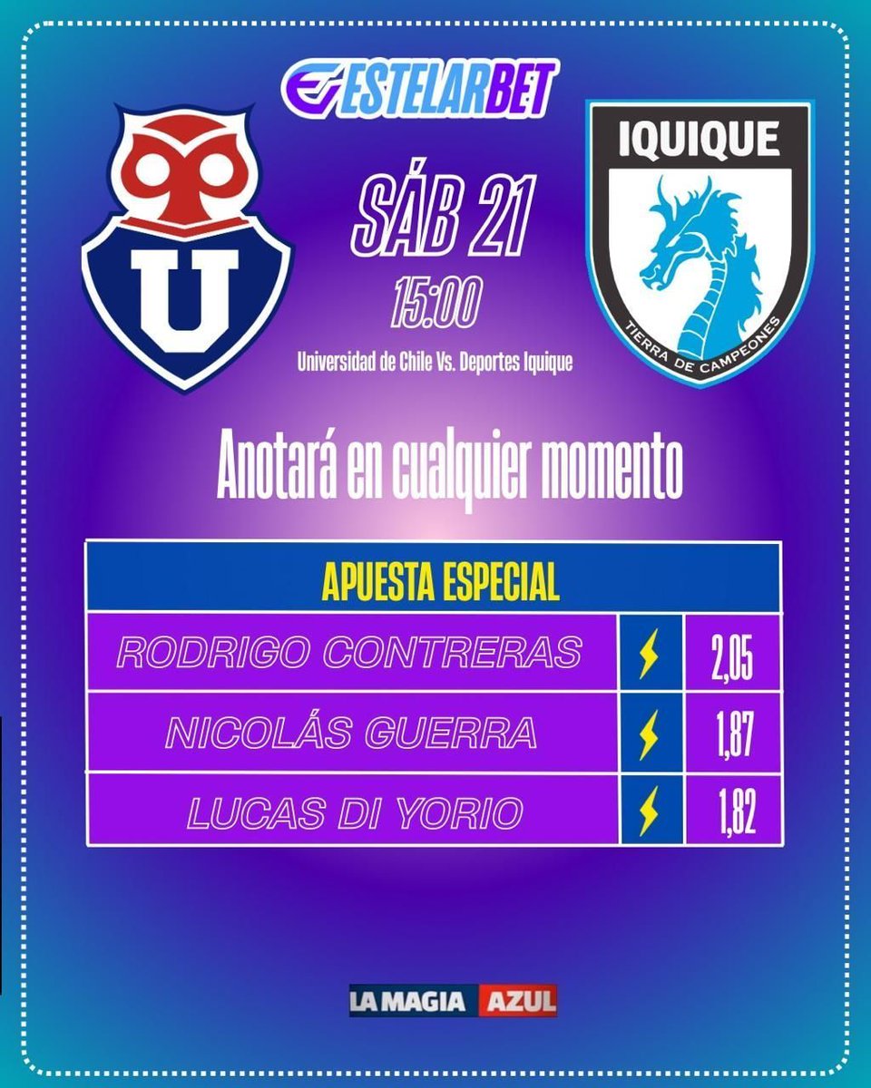 La Magia Azul (@lamagiaazul) on Twitter photo ¡A BUSCAR LOS GOLES! 🤘 
En <a href="/EstelarBet/">Estelarbet</a> juégatela por quién anotará en cualquier momento ante Iquique. 
Regístrate usando el código LAMAGIA, deposita $5.000 o más para obtener una apuesta gratis de $10.000 👉 estelarbet.vip/?btag=454862_l…* 
🗣  Las cuotas pueden variar | +18 ¡A BUSCAR LOS GOLES! 🤘 
En <a href="/EstelarBet/">Estelarbet</a> juégatela por quién anotará en cualquier momento ante Iquique. 
Regístrate usando el código LAMAGIA, deposita $5.000 o más para obtener una apuesta gratis de $10.000 👉 estelarbet.vip/?btag=454862_l…* 
🗣  Las cuotas pueden variar | +18