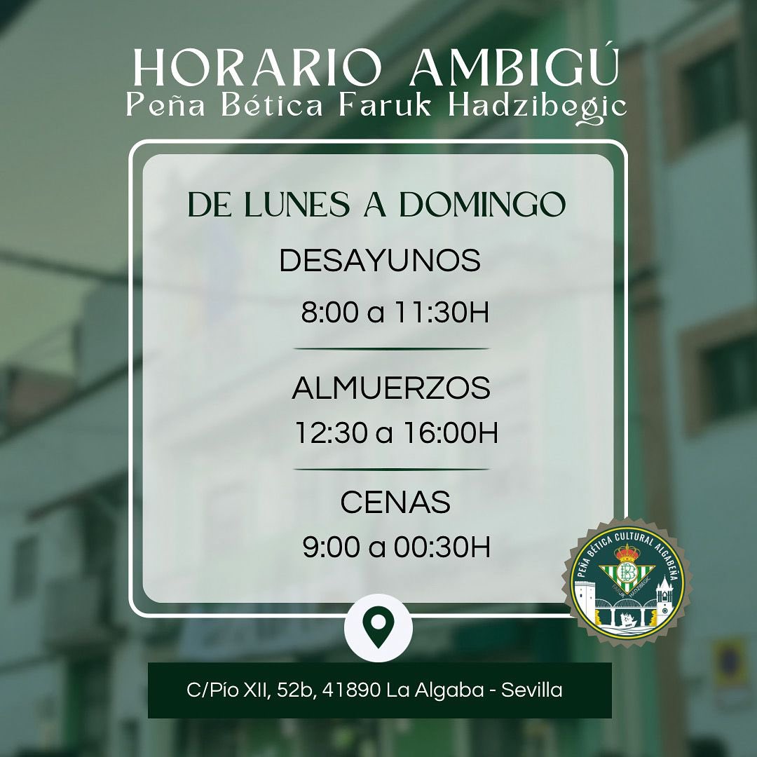 Queridos soci@s y acompañantes:

Nos alegra anunciaros que ya podéis hacer uso y disfrute del ambigú en nuestra Peña Bética Faruk Hadzibegic.

Permanecerá abierto de Lunes a Domingo para que disfrutes de nuestras tapas y bebidas junto a los tuyos 💚