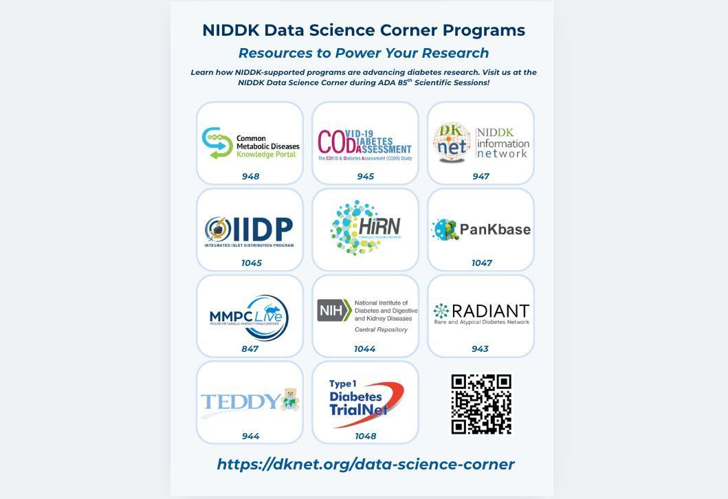 📍 Attending #ADASciSessions? The #NIDDK #DataScience Corner is your one-stop hub for datasets, tools &amp; expert connections at #ADA2025! 
Meet teams from dkNET, NIDDK-CR, PanKbase, HIRN, CMD-KP, IIDP, MMPC, TEDDY, RADIANT, TrialNet, CODA —all in one space
dknet.org/data-science-c…