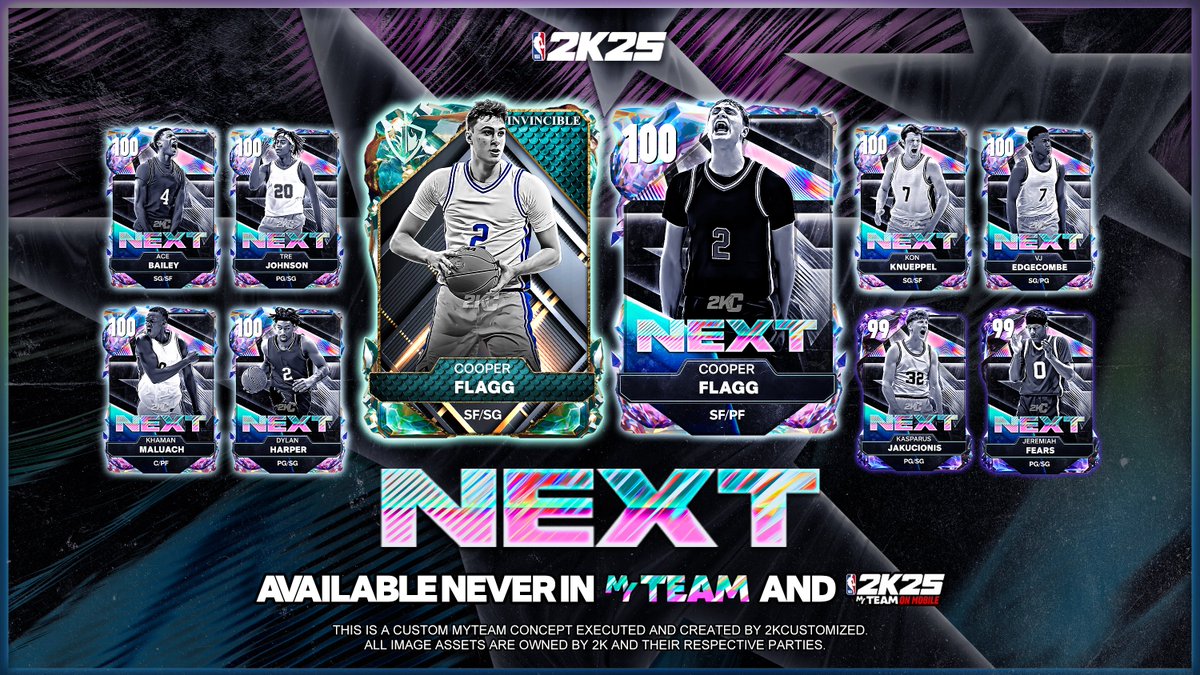 2kCustomized's tweet image. 2K's yearly NEXT set is rumored to drop this Tuesday—here’s our pick for who’ll earn their debut NEXT card! 👀⭐️

This concept showcases the game’s next generation of stars:
🛡️Invincible +💯OVR Cooper Flagg
💯OVR Dylan Harper
💯OVR Ace Bailey
and many more

❤️ and 🔁 appreciated!