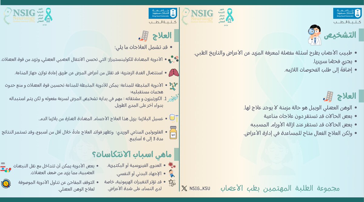 📅 يونيو هو شهر التوعية بمرض الوهن العضلي الوبيل، مرض مناعي يؤثر على العضلات ويسبب ضعفها.

لنتكاتف لرفع الوعي، ودعم المصابين، وتعزيز فهم المجتمع لهذا المرض 🙏🏻

#MyastheniaGravis
