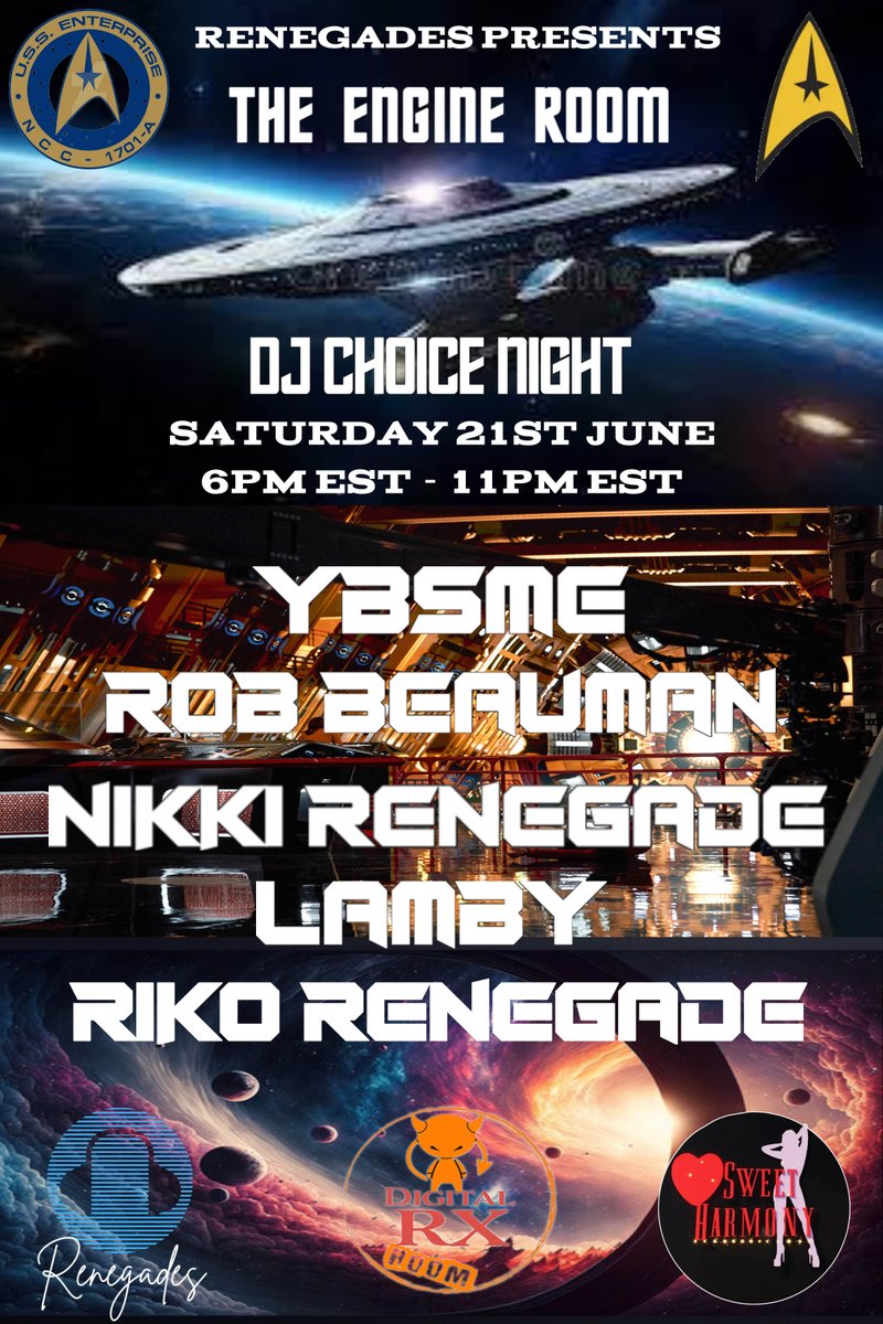 Tonight June 21 at 6pm ET get BEAMED UP TO - THE ENGINE ROOM!
DJ Choice Night with DJ's YBSME, Rob Beauman, <a href="/renegade_nikki/">Nikki Renegade 3dx</a> , Lamby, and Riko Renegade!
#3dxchat #drxroom