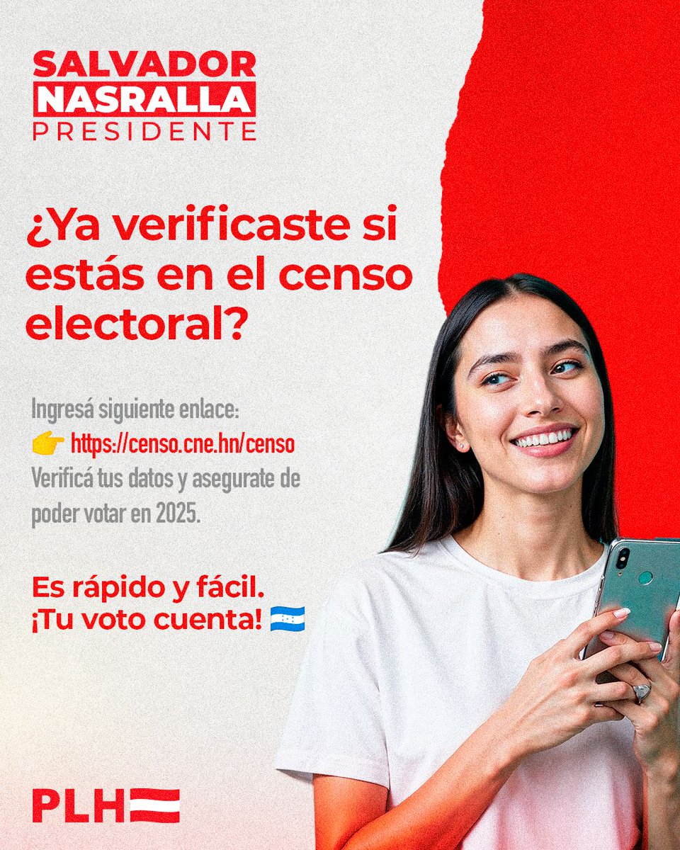 🗳️ ¿Estás en el censo electoral?
¡Verificalo ahora y asegurá tu derecho a votar en 2025! 🇭🇳

✅ Es rápido, fácil y en línea.

📲 Ingresá aquí 👉 censo.cne.hn/censo/

📅 Tenés hasta el 18 de julio de 2025 para hacer correcciones o reclamos.

No esperés al último momento.
Tu