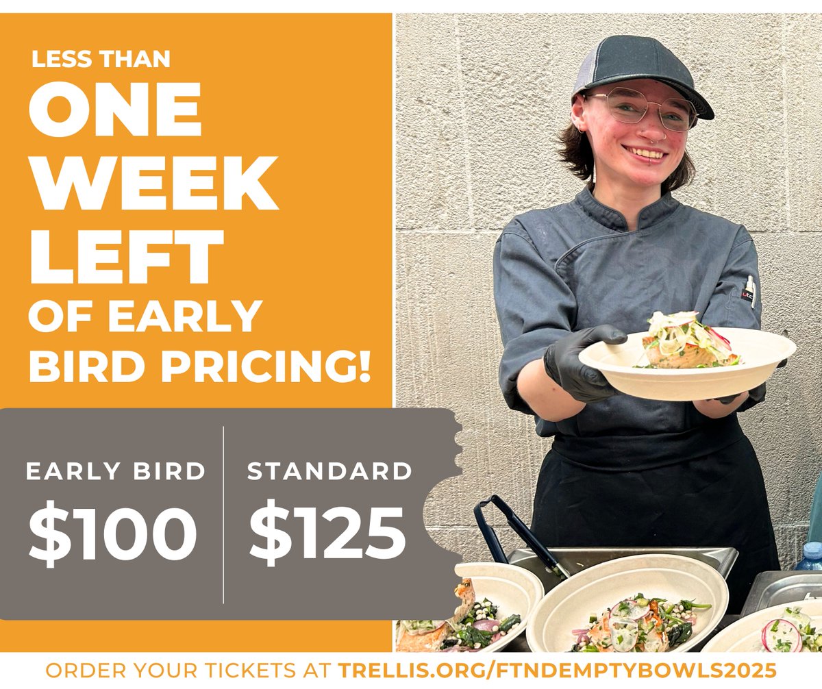 ONLY 3 DAYS LEFT of Early Bird Tickets!

Get your #EmptyBowls tickets before Tuesday, June 24th, and save $25 on our signature fundraising event!

Buy tickets today at trellis.org/ftndemptybowls… 🧡