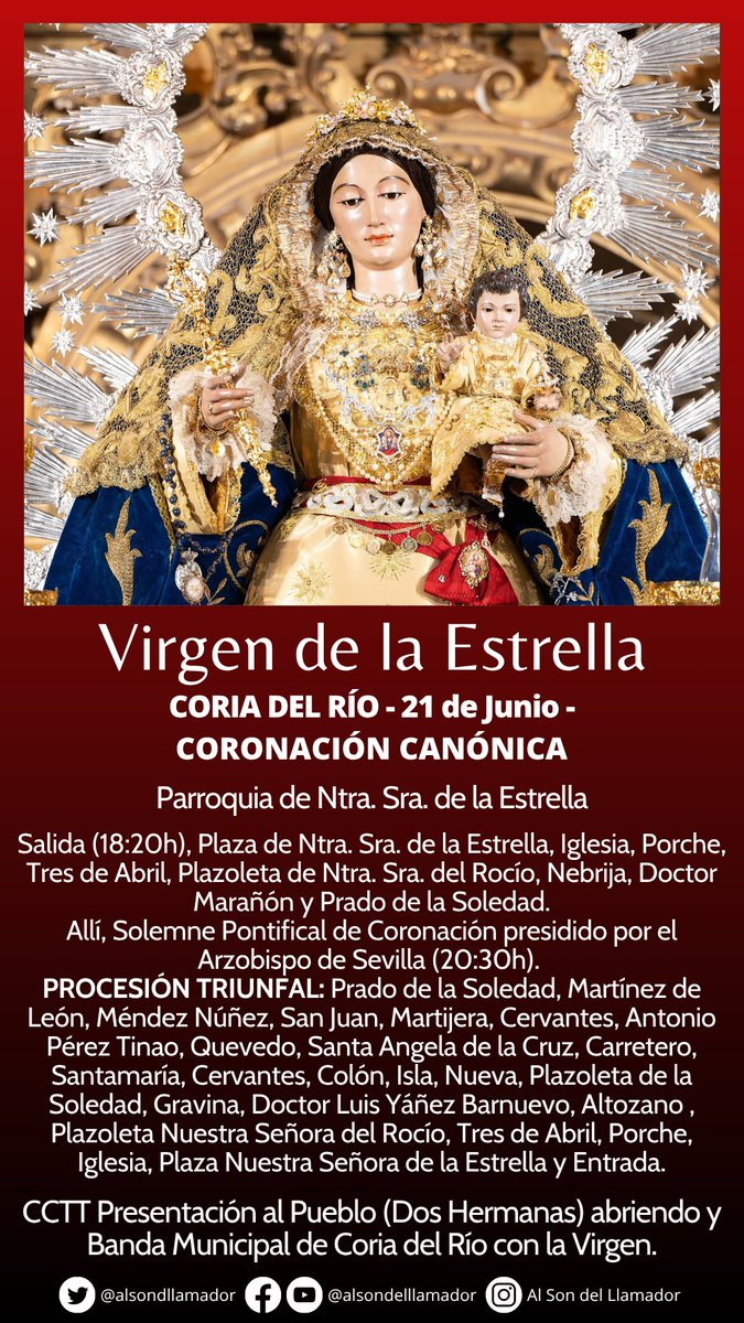 Al Son del Llamador (@alsondllamador) on Twitter photo 🔴 Día grande en el #AljarafeCofrade el de hoy. Una de sus patronas, la <a href="/EstrellaCoria/">Hermandad Sacramental Ntra. Sra. de la Estrella</a> se coronará en la tarde de hoy. Desde hace unos minutos ya está en la calle buscando el altar de Coronación.
#TDSCofrade #CofradiasAND <a href="/BandadeCoria/">BM Coria del Río</a> <a href="/BpresentacionAP/">Presentación al Pueblo de Dos Hermanas</a> 🔴 Día grande en el #AljarafeCofrade el de hoy. Una de sus patronas, la <a href="/EstrellaCoria/">Hermandad Sacramental Ntra. Sra. de la Estrella</a> se coronará en la tarde de hoy. Desde hace unos minutos ya está en la calle buscando el altar de Coronación.
#TDSCofrade #CofradiasAND <a href="/BandadeCoria/">BM Coria del Río</a> <a href="/BpresentacionAP/">Presentación al Pueblo de Dos Hermanas</a>