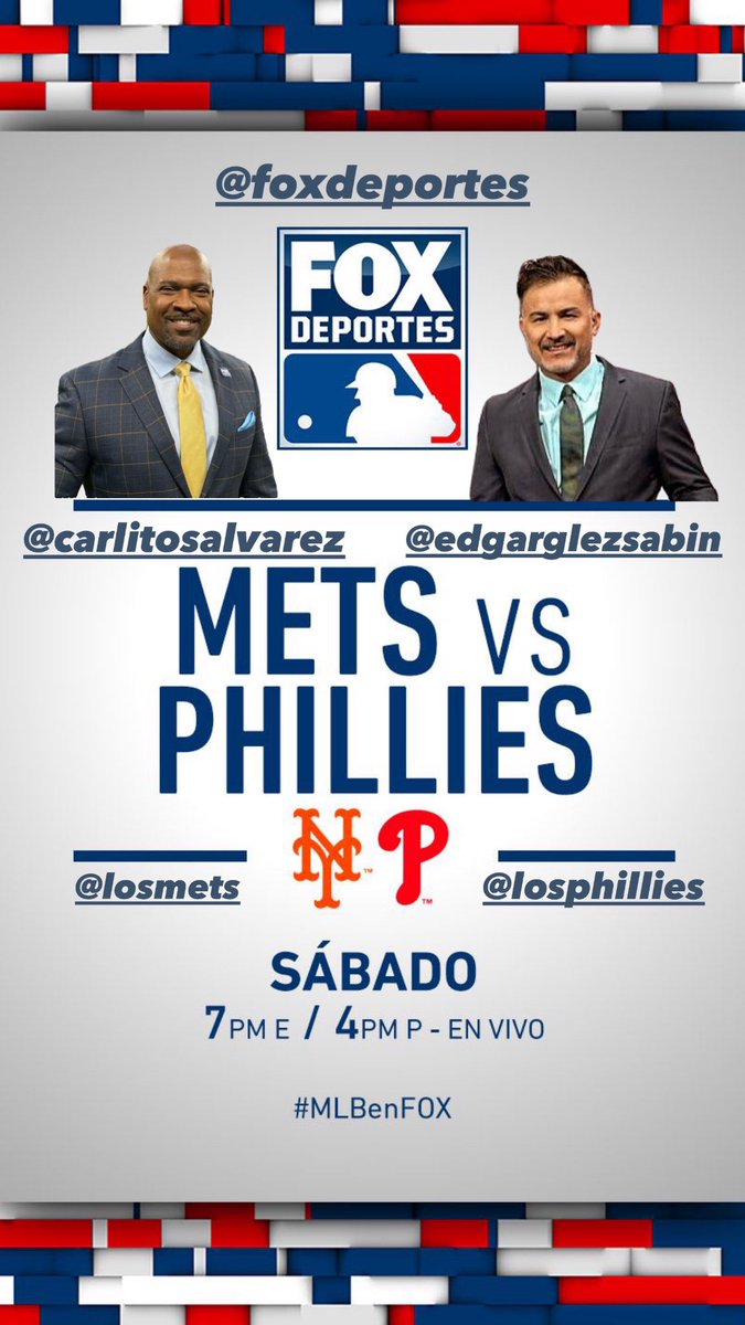 Carlos Alvarez (@carlitosalvarez) on Twitter photo Sábado de Grandes Ligas en <a href="/FOXDeportes/">FOX Deportes</a>: Rangers vs Pirates & Mets vs Phillies!! <a href="/RolandoNichols/">Rolando Nichols</a> <a href="/MottaJaime/">Jaime Motta</a> <a href="/EdgarGlezSabin/">Edgar Gonzalez</a> y yo te esperamos!!! ⚾️🔥 Sábado de Grandes Ligas en <a href="/FOXDeportes/">FOX Deportes</a>: Rangers vs Pirates & Mets vs Phillies!! <a href="/RolandoNichols/">Rolando Nichols</a> <a href="/MottaJaime/">Jaime Motta</a> <a href="/EdgarGlezSabin/">Edgar Gonzalez</a> y yo te esperamos!!! ⚾️🔥