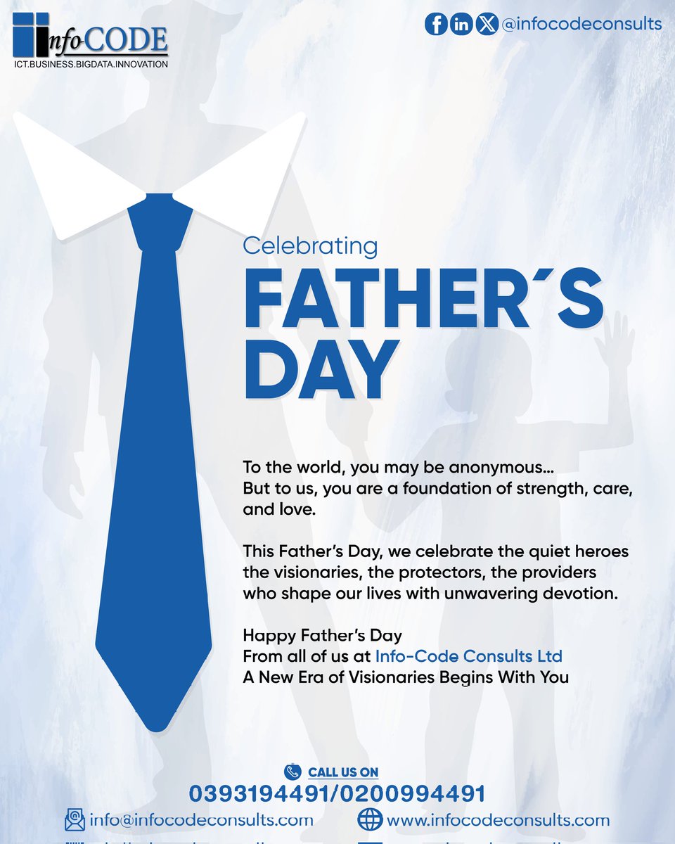 To the world, you may be anonymous.
But to us, you're a pillar of strength and love.
Happy Father's day to the quiet heroes who inspire us everyday!
💙 From all of us at Info-code consults Ltd 
#FathersDay2025 #FathersDay