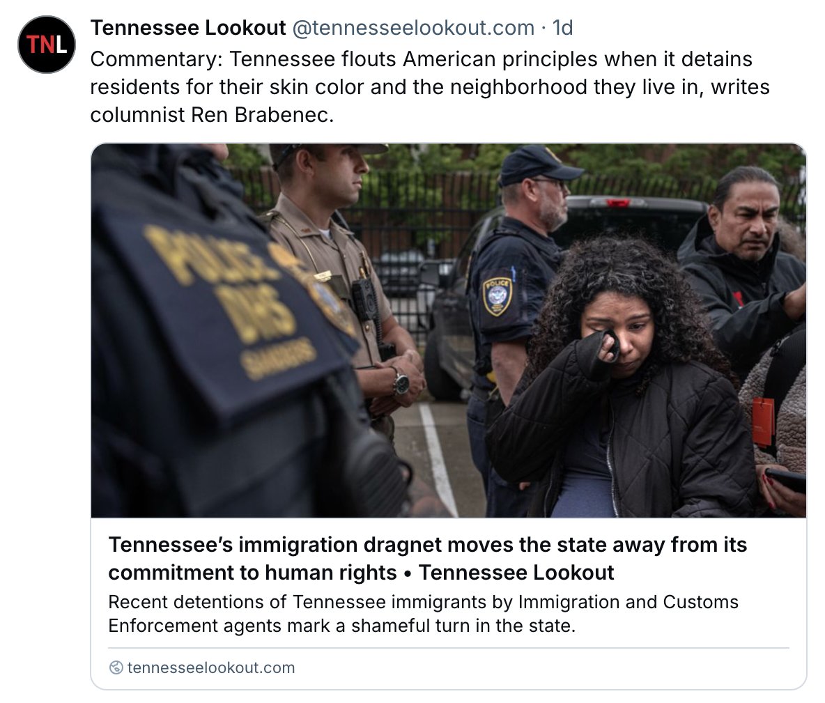 RenBrabenec's tweet image. Immigration crackdowns that violate due process, human rights, and Constitutional law have taken Tennessee down a dark path. For @TNLookout and @statesnewsroom
tennesseelookout.com/2025/05/20/ten…