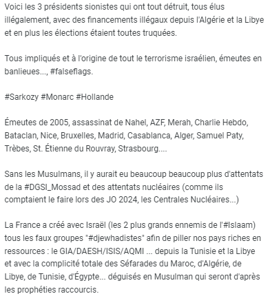 andreileterrib1's tweet photo. Voici les 3 présidents sionistes qui ont tout détruit, tous élus illégalement, avec des financements illégaux depuis l'🇩🇿et la🇱🇾et en plus les élections étaient toutes truquées.
#Sarkozy #Monarc #Hollande https://t.co/MEsThif5eG