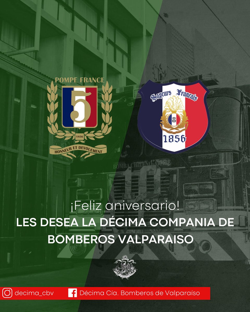 ANIVERSARIO 🎊 | Saludamos con afecto a la Quinta y Octava Compañía de origen francés de Valparaíso por sus 169 años de servicio.
Reciban nuestras sinceras felicitaciones y un fraternal abrazo de parte de oficiales, bomberos y cadetes. ⁦<a href="/PompeFranceVPO/">Pompe France Valpo</a>⁩ ⁦<a href="/octavacbv/">Octava Compañía de bomberos de Valparaíso</a>⁩