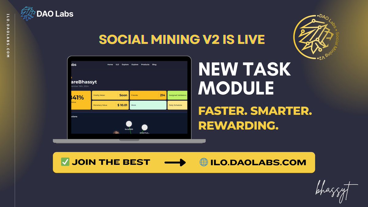 #SocialMiningV2 is LIVE on <a href="/TheDAOLabs/">DAO Labs</a>!
The all-new Task Module is smoother, faster &amp; built for real-time collaboration.

✅ Approve tasks.
👥 Engage &amp; reciprocate.
💎 Earn as you post.
🎯 Track progress in your dashboard.

Explore it here 👉ilo.daolabs.com