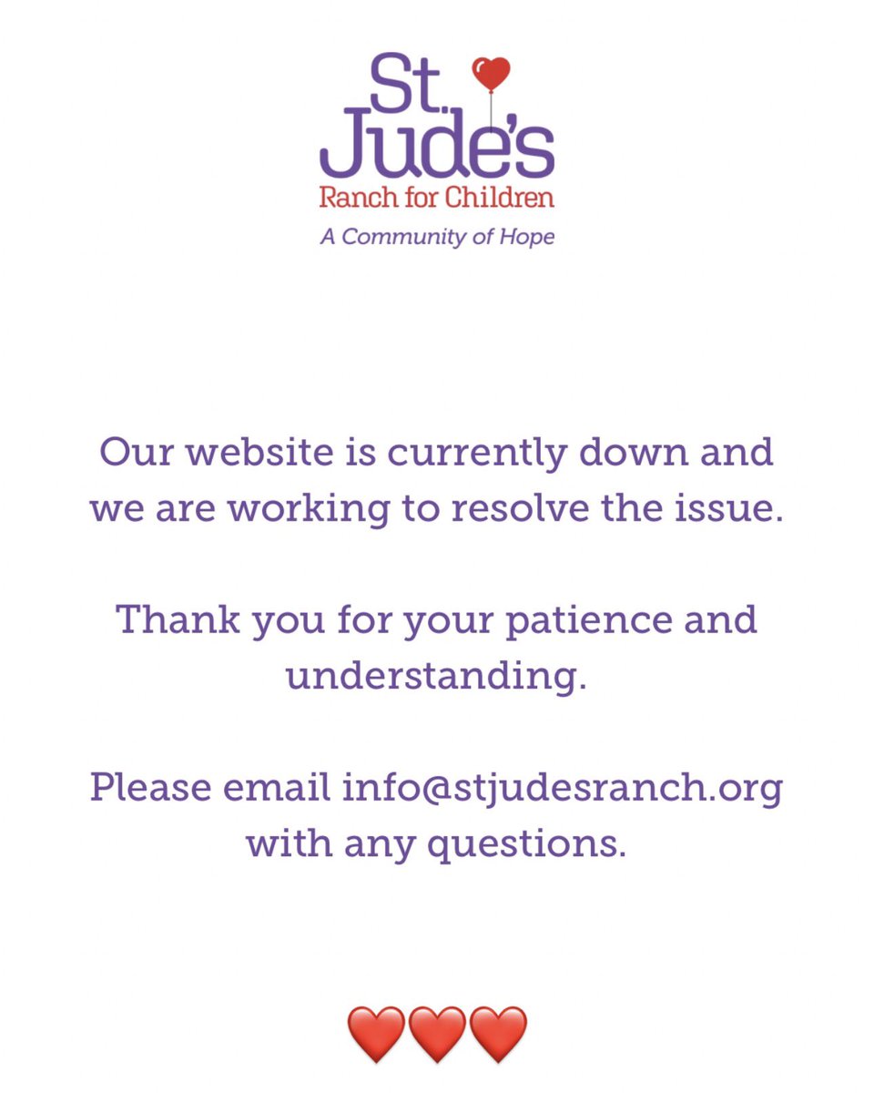 StJudesRanch's tweet image. Our website is currently down and we are working to resolve the issue.
Thank you for your patience and understanding.
Please email info@stjudesranch.org with any questions.