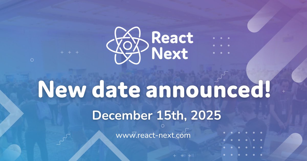 ReactNext's tweet image. 📣 ReactNext 2025 – New Date Announcement
Dear community,
Due to the ongoing situation in Israel, we've made the difficult decision to reschedule NodeTLV 2025 to December 15, 2025. For more information visit react-next.com