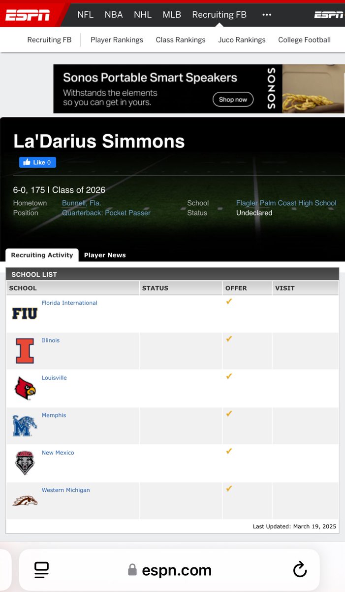 3⭐️ QB La’Darius “LD” Simmons (@l4dar1us) on Twitter photo Thankful for the <a href="/espn/">ESPN</a> profile verified 📈⭐️⭐️⭐️<a href="/antianti2000/">ESPN National High School Football</a> <a href="/ESPN_BillC/">Bill Connelly</a> <a href="/FLVarsityRivals/">FlaVarsity</a> #WhyNotLaDarius <a href="/CoachPTurner/">Patrick Turner</a> <a href="/RealDJBigSho/">Coach Marcus</a> <a href="/qbslack12/">Michael Slack</a> <a href="/baylintrujillo/">Baylin Trujillo</a> <a href="/TomLuginbill/">Tom Luginbill 🇺🇸 🏈</a> <a href="/CraigHaubert/">Craig Haubert</a> <a href="/TheUCReport/">Billy Tucker</a> <a href="/FootballCounty1/">Michael Lischio Jr.</a> <a href="/RivalsFriedman/">Adam Friedman</a> <a href="/Godsgift_Nate/">Nate Paxton</a>
espn.com/college-sports… Thankful for the <a href="/espn/">ESPN</a> profile verified 📈⭐️⭐️⭐️<a href="/antianti2000/">ESPN National High School Football</a> <a href="/ESPN_BillC/">Bill Connelly</a> <a href="/FLVarsityRivals/">FlaVarsity</a> #WhyNotLaDarius <a href="/CoachPTurner/">Patrick Turner</a> <a href="/RealDJBigSho/">Coach Marcus</a> <a href="/qbslack12/">Michael Slack</a> <a href="/baylintrujillo/">Baylin Trujillo</a> <a href="/TomLuginbill/">Tom Luginbill 🇺🇸 🏈</a> <a href="/CraigHaubert/">Craig Haubert</a> <a href="/TheUCReport/">Billy Tucker</a> <a href="/FootballCounty1/">Michael Lischio Jr.</a> <a href="/RivalsFriedman/">Adam Friedman</a> <a href="/Godsgift_Nate/">Nate Paxton</a>
espn.com/college-sports…