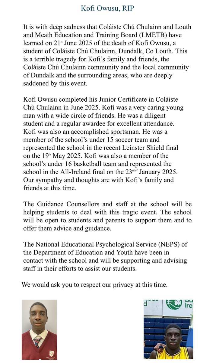 Dundalk Coláiste Chú Chulainn (@colchuchulainn) on Twitter photo Kofi Owusu, RIP Kofi Owusu, RIP