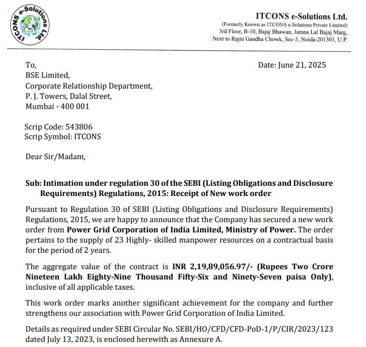 FromRag2riches's tweet photo. 🚨ITCONS E-Solutions
Secured order from Power Grid Corporation of India Limitedr. The order pertains to the supply of 23 Highly- skilled manpower resources on a contractual basis

🤑2.2 CRORES

⏰Deadline:2 year

#itcons
#PGCIL
#WHOWEARE
#Vecinos20J
#POWER
#yks2025
#GRID
#INDIA https://t.co/8SqF5YZGJn