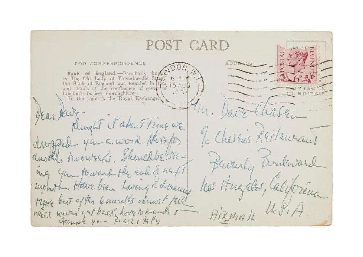 plans to frame a postcard with a photo image of the Bank of England &amp; Royal Exchange in London, stamped &amp; dated 15 August 1951, handwritten &amp; mailed to Dave Chasen by Lauren Bacall during the filming of The African Queen. <a href="/HaninaBenBernou/">Hanina Ben Bernou 🇪🇺🤝🇯🇴</a> <a href="/RonJBee/">Ron Bee</a> <a href="/TheAnikaSharma/">anika sharma</a> <a href="/nelsonwuut/">Nelson Wu</a>
