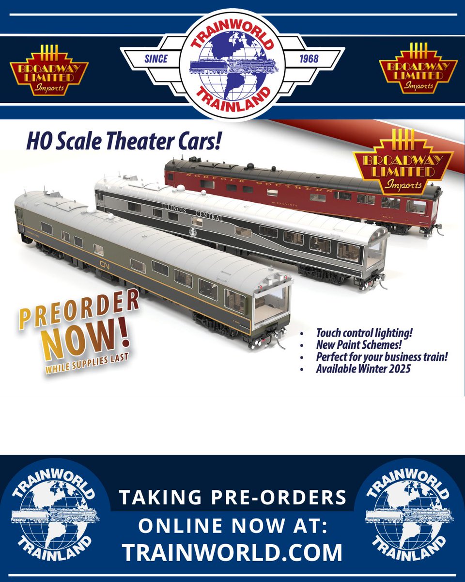 TrainWorld.com (@trainworld) on Twitter photo Let’s all go to the lobby and grab some popcorn, because <a href="/BLITrains/">Broadway Ltd Imports</a> has MORE schemes for their HO Theater Cars! 🍿
PreOrder today at TrainWorld.com! tinyurl.com/yd8ma4wx
#broadwaylimited #hoscale #theatercar #rollingstock #passengercar #business #preorder Let’s all go to the lobby and grab some popcorn, because <a href="/BLITrains/">Broadway Ltd Imports</a> has MORE schemes for their HO Theater Cars! 🍿
PreOrder today at TrainWorld.com! tinyurl.com/yd8ma4wx
#broadwaylimited #hoscale #theatercar #rollingstock #passengercar #business #preorder