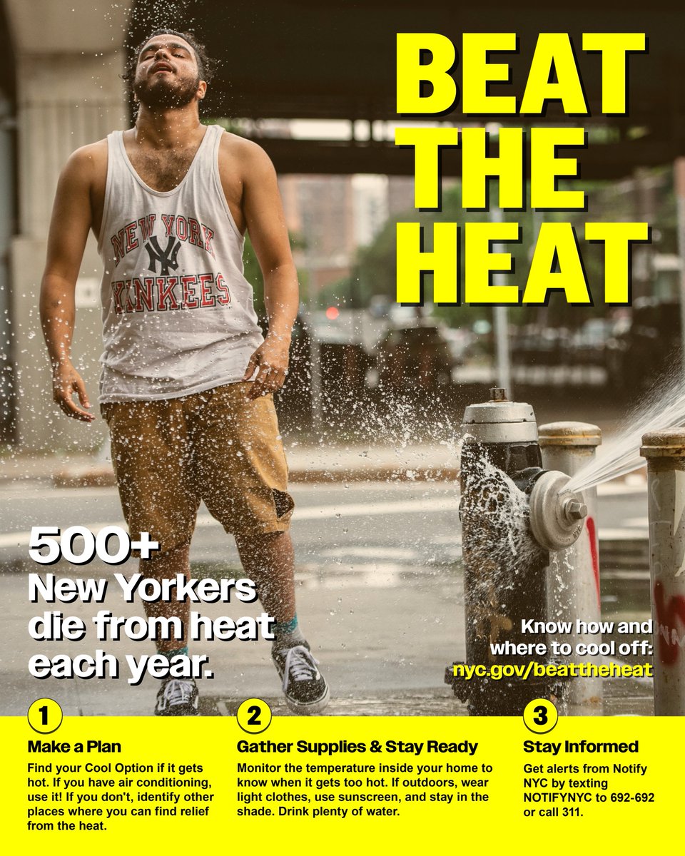 🌡️ Extreme heat can be dangerous, especially for older adults &amp; people with health conditions.

Safety tips:
Stay cool &amp; drink water
Visit cool options or public spaces
Know the warning signs of heat stroke

Visit nyc.gov/beattheheat or call 311 to find cool options near you.
