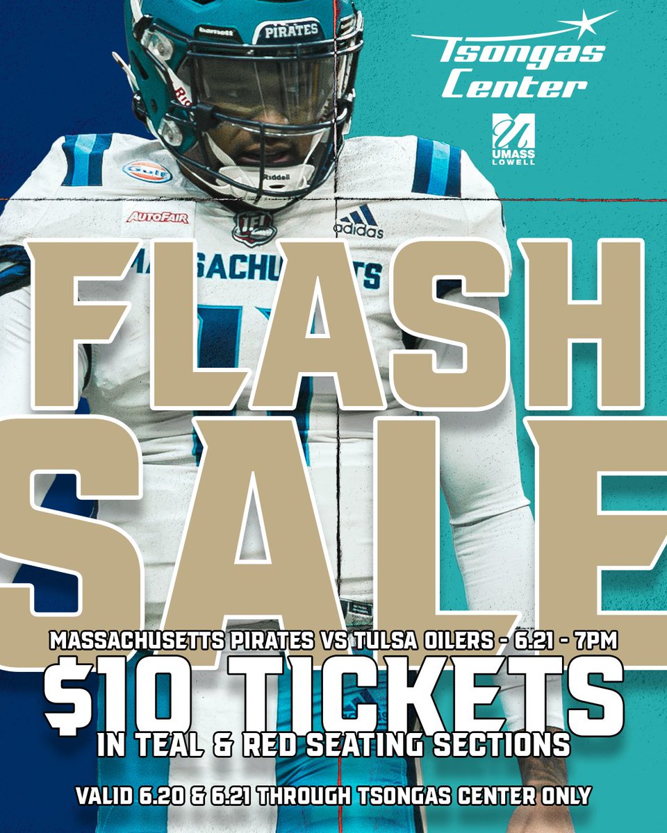 🚨FLASH SALE ALERT🚨Special offer via the @tsongascenter - $10 TICKETS in Teal &amp; Red seating sections for tonight's game versus the Tulsa Oilers! 🏴‍☠️🏈 

Visit the Tsongas Box Office or tsongascenter.evenue.net/promotions/HOT… and grab yours now!

#NeverShallWeSink | #goIFL | @indoorfl
