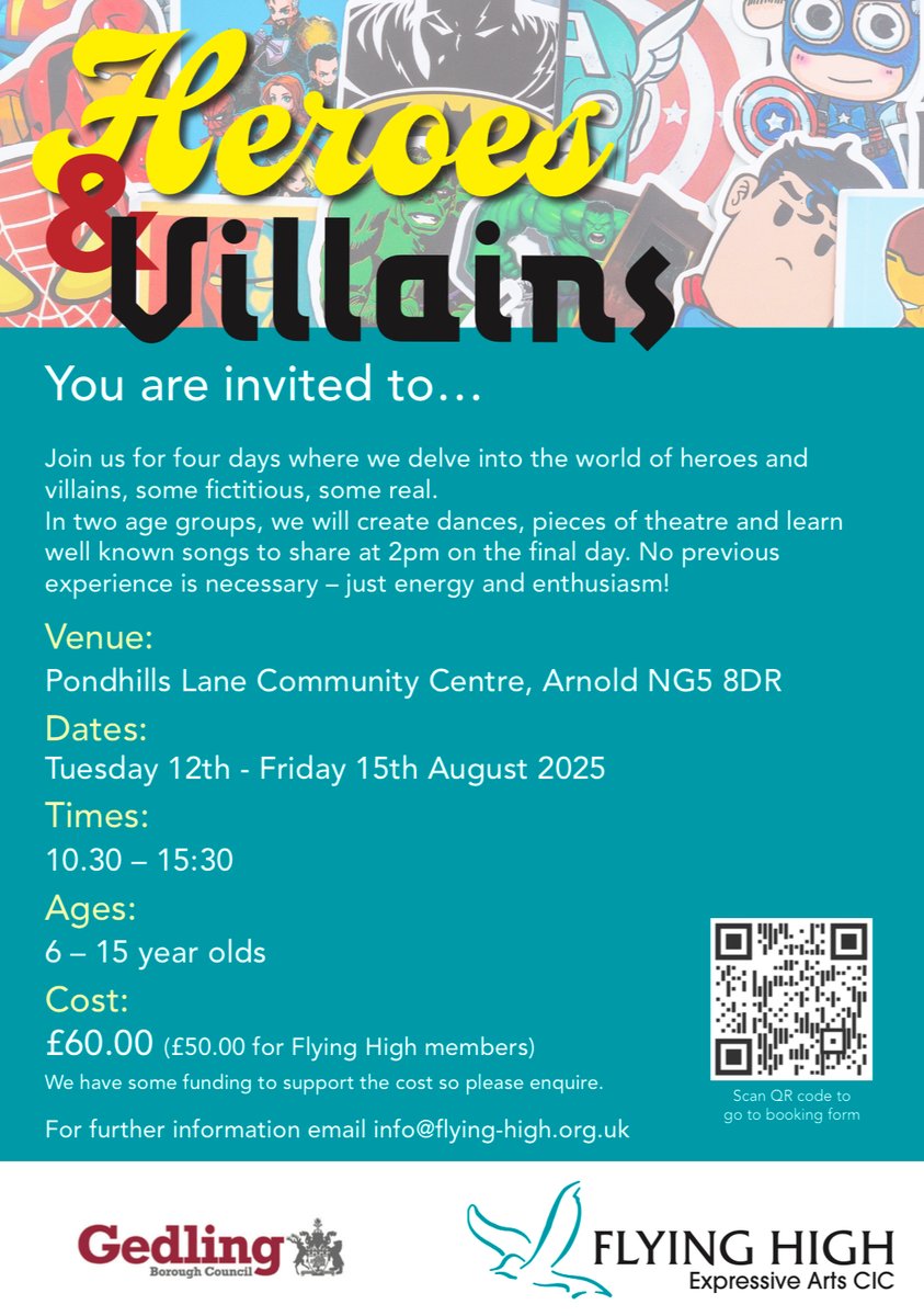 🚨 Calling all young heroes &amp; villains! 🚨

Join us for four action-packed days of drama, dance &amp; music as we explore the world of heroes and villains – from comic book legends to real-life changemakers!🦸‍♀️🦹‍♂️

🎉Book your space now via the link below:
flying-high.org.uk/camp-form/