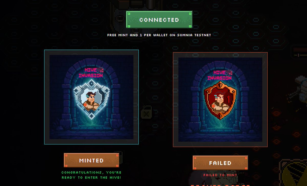 [Somnia testnet] day 2 ~ <a href="/pixcapegames/">Pixcape Games I Hive Invasion</a>

do this now you only have 24 h , mint nft badge is live

➖head to : mint.pixcape.games
➖conect wallet
➖mint

note :
> Diamond Badge : only top 500 can mint
> Bronze Badge : all participant can mint

idk i cant mint bronze badge ,