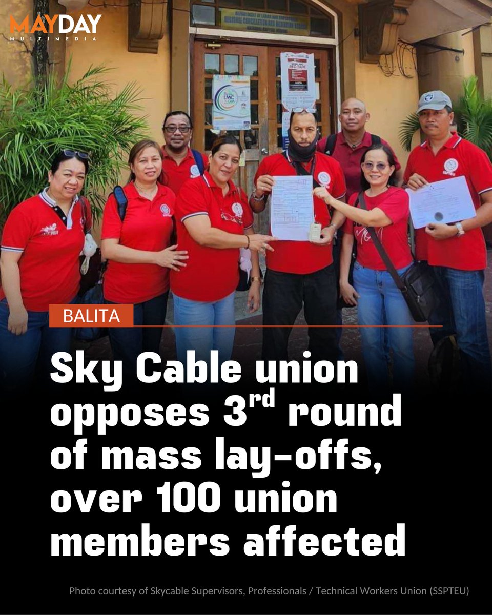 The SkyCable Supervisors, Professionals / Technical Employees Union (SSPTEU) is protesting a third wave of layoffs that would affect 133 union members. The union says the company plans to outsource their roles to a third-party agency tied to Converge.

#StopUnionBusting #SkyCable