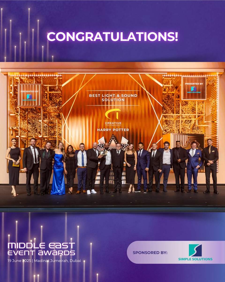 Middle East Event Show (@meeventshow) on Twitter photo Congratulations to <a href="/CreativeTechnol/">Creative Technology</a> for Harry Potter on winning the Best Light & Sound Solution category! ๐
Your work continues to set new standards in the events space ๐
Thank you to our category sponsor <a href="/GCC_Simple_Sol/">Simple Solutions GCC</a> Congratulations to <a href="/CreativeTechnol/">Creative Technology</a> for Harry Potter on winning the Best Light & Sound Solution category! ๐
Your work continues to set new standards in the events space ๐
Thank you to our category sponsor <a href="/GCC_Simple_Sol/">Simple Solutions GCC</a>