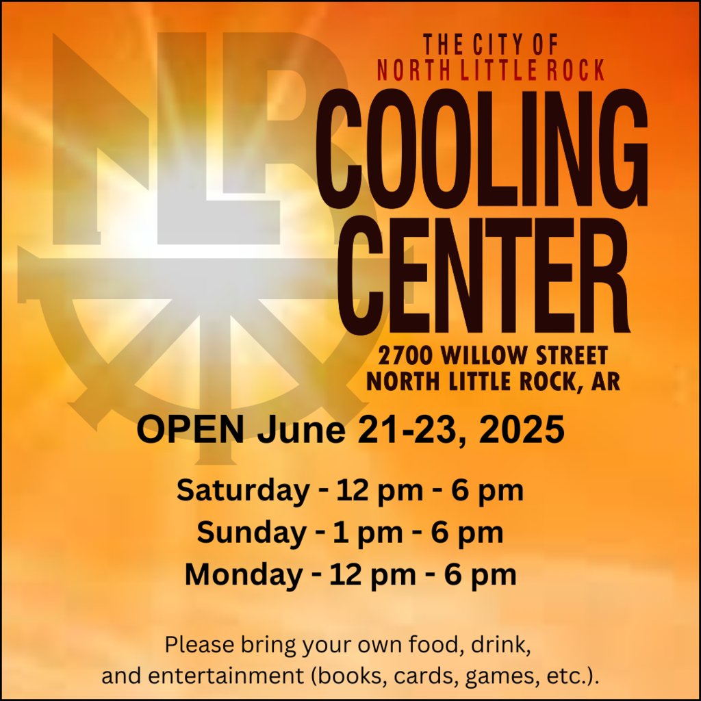 The City of North Little Rock will operate the Cooling Center due to the extreme heat this weekend in the afternoons until 6 pm. Please call the Community Center at 501-791-8541 if you have questions regarding the Cooling Center.