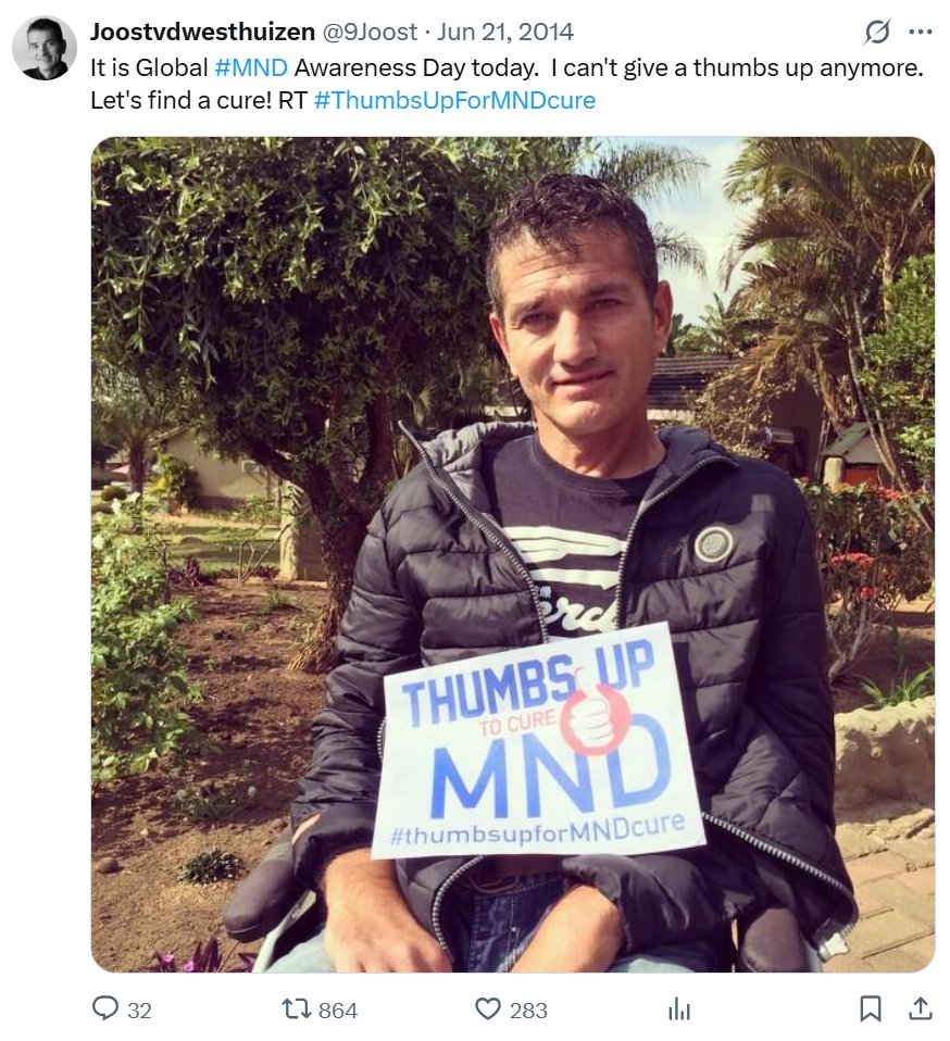 🏉 JOOST VAN DER WESTHUIZEN'S tweet on #GlobalMNDAwarenessDay eleven years ago today.

Joost lost his life to merciless #MND in February 2017.... 😢

#MND #MoreNeedsDoing!
