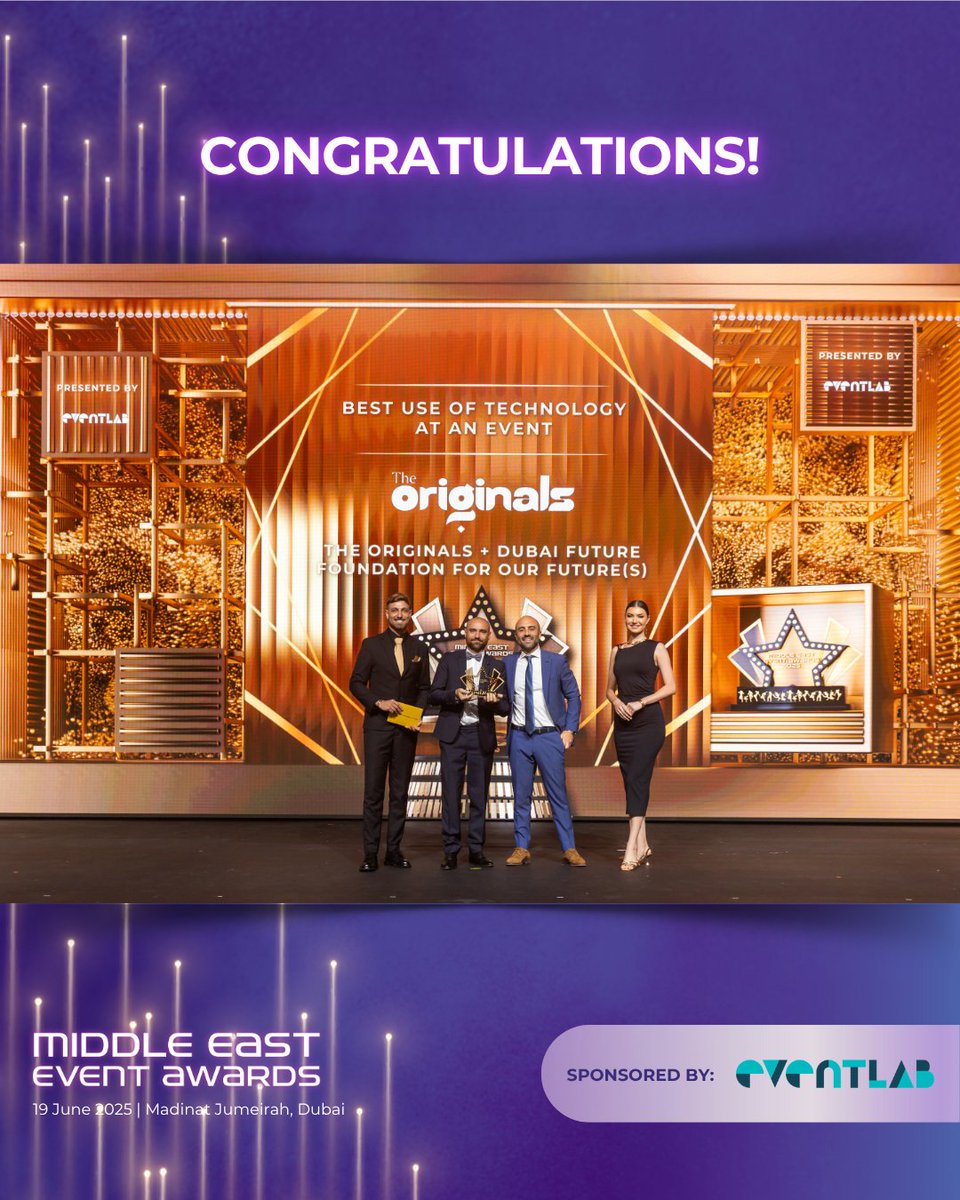 Middle East Event Show (@meeventshow) on Twitter photo Congratulations to The Originals Arabia + <a href="/DubaiFuture/">Dubai Future Foundation</a> for Our Future(s) on winning the Best Use of Technology at an Event category! ๐
Your work continues to set new standards in the events space ๐
Thank you to our category sponsor, eventlab.
#MEES2025 Congratulations to The Originals Arabia + <a href="/DubaiFuture/">Dubai Future Foundation</a> for Our Future(s) on winning the Best Use of Technology at an Event category! ๐
Your work continues to set new standards in the events space ๐
Thank you to our category sponsor, eventlab.
#MEES2025