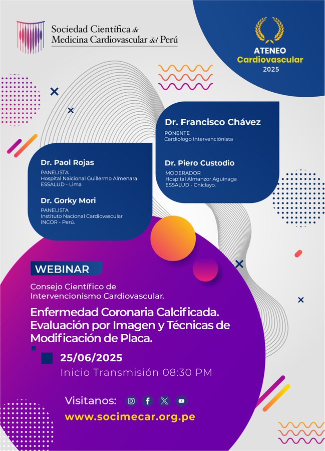 Presentamos nuestro próximo webinar: "Enfermedad Coronaria Calcificada. Evaluación por Imagen y Técnicas de Modificación de Placa" 📷Fecha: Miercoles 25 de Junio del 2025 📷Hora: 08:30 pm. 📷