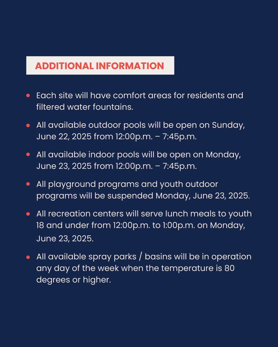 With high temps on the way, several recreation centers will extend their hours to serve as cooling centers from June 22–24, open 11:30 AM–10:00 PM daily.

📍 6 locations citywide
💧 Filtered water &amp; cool spaces
🏊 Pools &amp; spray parks open

 bit.ly/coolingcenters…