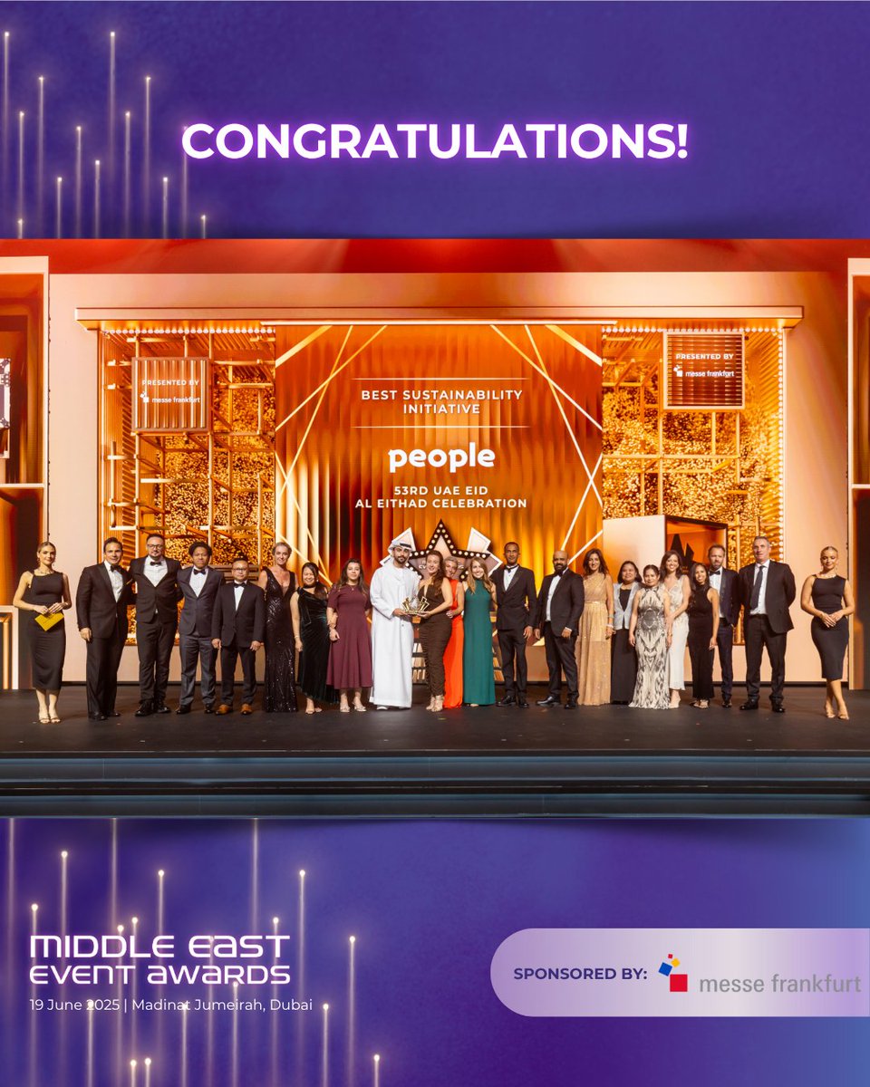 Middle East Event Show (@meeventshow) on Twitter photo Congratulations to People for the 53rd UAE Eid Al Eithad Celebration on winning the Best Sustainability Initiative category! ๐
Your work continues to set new standards in the events space ๐
Thank you to our category sponsor <a href="/mfdubaiofficial/">Messe Frankfurt Middle East</a>.
#MEES2025 Congratulations to People for the 53rd UAE Eid Al Eithad Celebration on winning the Best Sustainability Initiative category! ๐
Your work continues to set new standards in the events space ๐
Thank you to our category sponsor <a href="/mfdubaiofficial/">Messe Frankfurt Middle East</a>.
#MEES2025