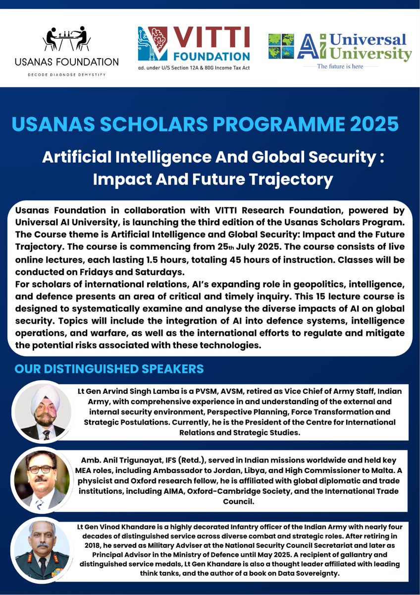 Usanas Foundation (@usanasf) on Twitter photo Presenting the speakers of #UsanasScholars2025 in collab with Vitti Foundation, powered by Universal AI University
š¹ Lt Gen A.S Lamba
š¹ Amb. Anil Trigunayat
š¹ Lt Gen Vinod Khandare
#RegisterNow
usanasfoundation.com/usanas-scholarā¦
<a href="/abhinavpandya/">Dr. Abhinav Pandya</a> <a href="/AmbTrigunayat/">Amb Anil Trigunayat (IFSRetd)</a> <a href="/anitajain_02/">Dr. Anita Jain</a> <a href="/Kundanaklal/">Kundana Lal</a> Presenting the speakers of #UsanasScholars2025 in collab with Vitti Foundation, powered by Universal AI University
š¹ Lt Gen A.S Lamba
š¹ Amb. Anil Trigunayat
š¹ Lt Gen Vinod Khandare
#RegisterNow
usanasfoundation.com/usanas-scholarā¦
<a href="/abhinavpandya/">Dr. Abhinav Pandya</a> <a href="/AmbTrigunayat/">Amb Anil Trigunayat (IFSRetd)</a> <a href="/anitajain_02/">Dr. Anita Jain</a> <a href="/Kundanaklal/">Kundana Lal</a>