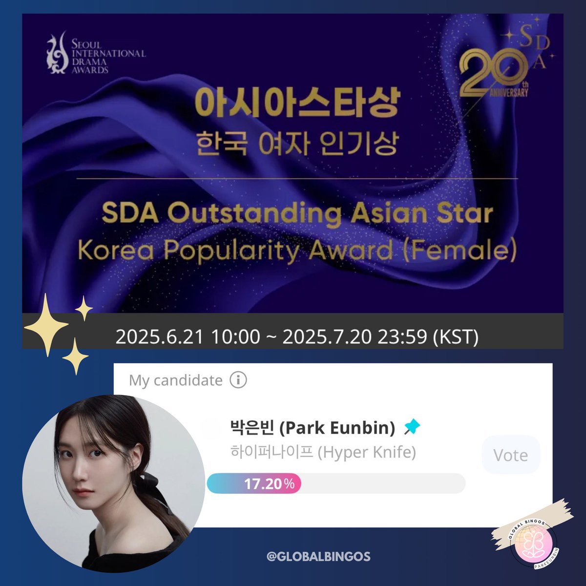 📣 Calling all Bingos! 💖💚 #ParkEunBin is a candidate for the Seoul International Drama Awards (SDA) 2025 Korea Popularity Award for her amazing performance in Hyper Knife! 🌟🥇

🗳️ Voting period: 2025.6.21 10:00 ~ 2025.7.20 23:59 (KST)

🤳 Download the IDOL CHAMP app

Let’s