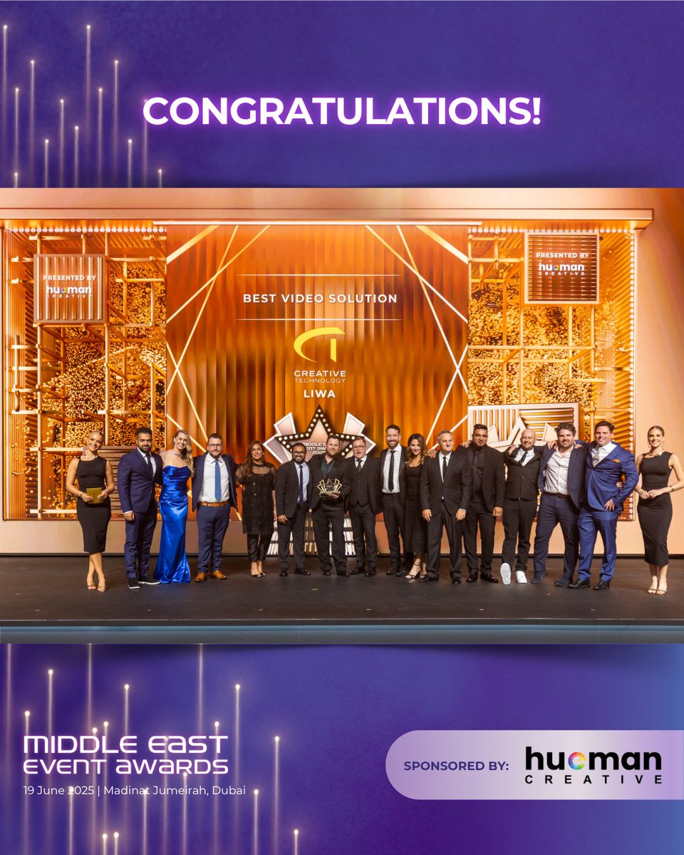 Middle East Event Show (@meeventshow) on Twitter photo Congratulations to <a href="/CreativeTechnol/">Creative Technology</a> for LIWA on winning the Best Video Solution category! ๐
Your work continues to set new standards in the events space ๐
Thank you to our category sponsor, Hueman Creative.
#MEES2025 #MiddleEastEventShow #MiddleEastEventAwards Congratulations to <a href="/CreativeTechnol/">Creative Technology</a> for LIWA on winning the Best Video Solution category! ๐
Your work continues to set new standards in the events space ๐
Thank you to our category sponsor, Hueman Creative.
#MEES2025 #MiddleEastEventShow #MiddleEastEventAwards