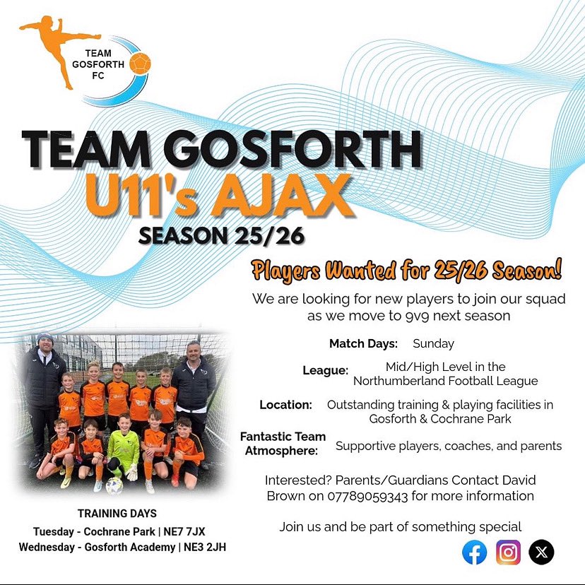 Team Gosforth Ajax U11’s 

Still looking for couple players to complete our squad as we move to 9 side next season

If interested please drop me message an will send you more information

Browny