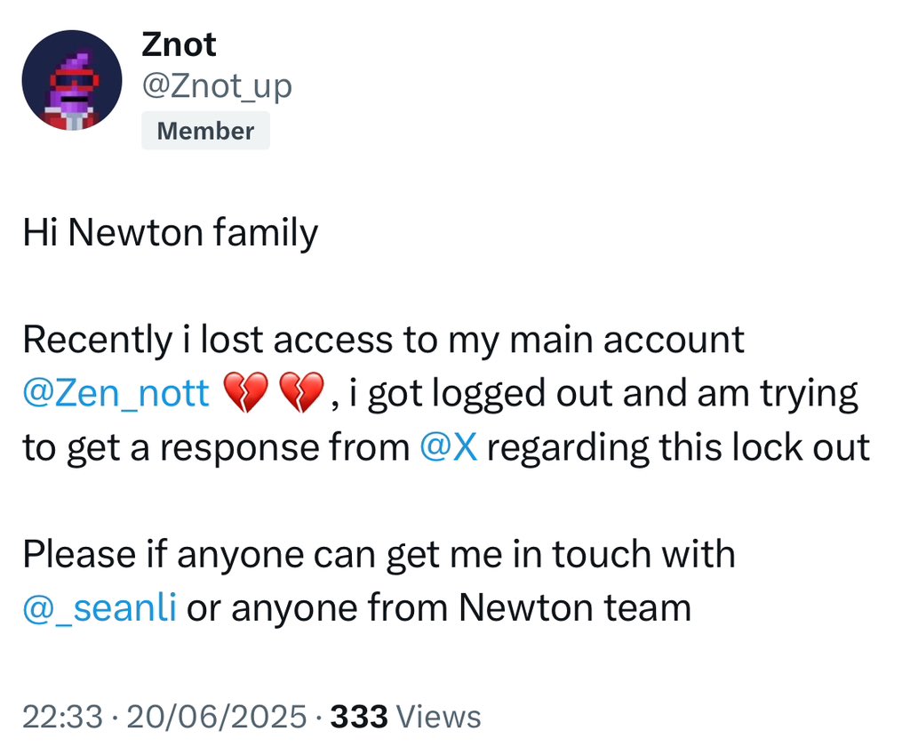 DnxtGenn's tweet photo. Community is important 

We keep drawing closer to the TGE day of @newton_xyz and we’ve seen many people come and go in the magic newton community. But some have stayed until the end.

Raising awareness for a dedicated magic newton yapper @Zen_nott who has been consistent since the beginning and even holds a place in the magic newton leaderboard. (His new acct: @Znot_up )

He was logged out of his account on x and couldn’t access it back due to reasons only known to x 

And also there’s many cases of suspension of accounts some of which may be magic newton yappers 

Being removed so close to TGE after the consistent effort for a month plus will be very heart breaking 

That’s why I’m calling on @seanli to put a system where dedicated contributors that may have been unfortunate will be able to claim their rewards when the time comes