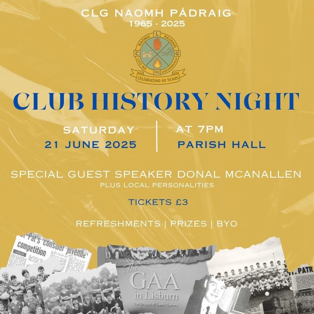 🎉 TONIGHT IS THE NIGHT! 🏆

Tonight, we come together to celebrate the incredible history of our club – from the toughest challenges to the proudest victories. This is a night for all members to reflect, remember, and reconnect.
📍St Patricks Parachoial Hall 
🕖 7pm
💷 £3 Entry
