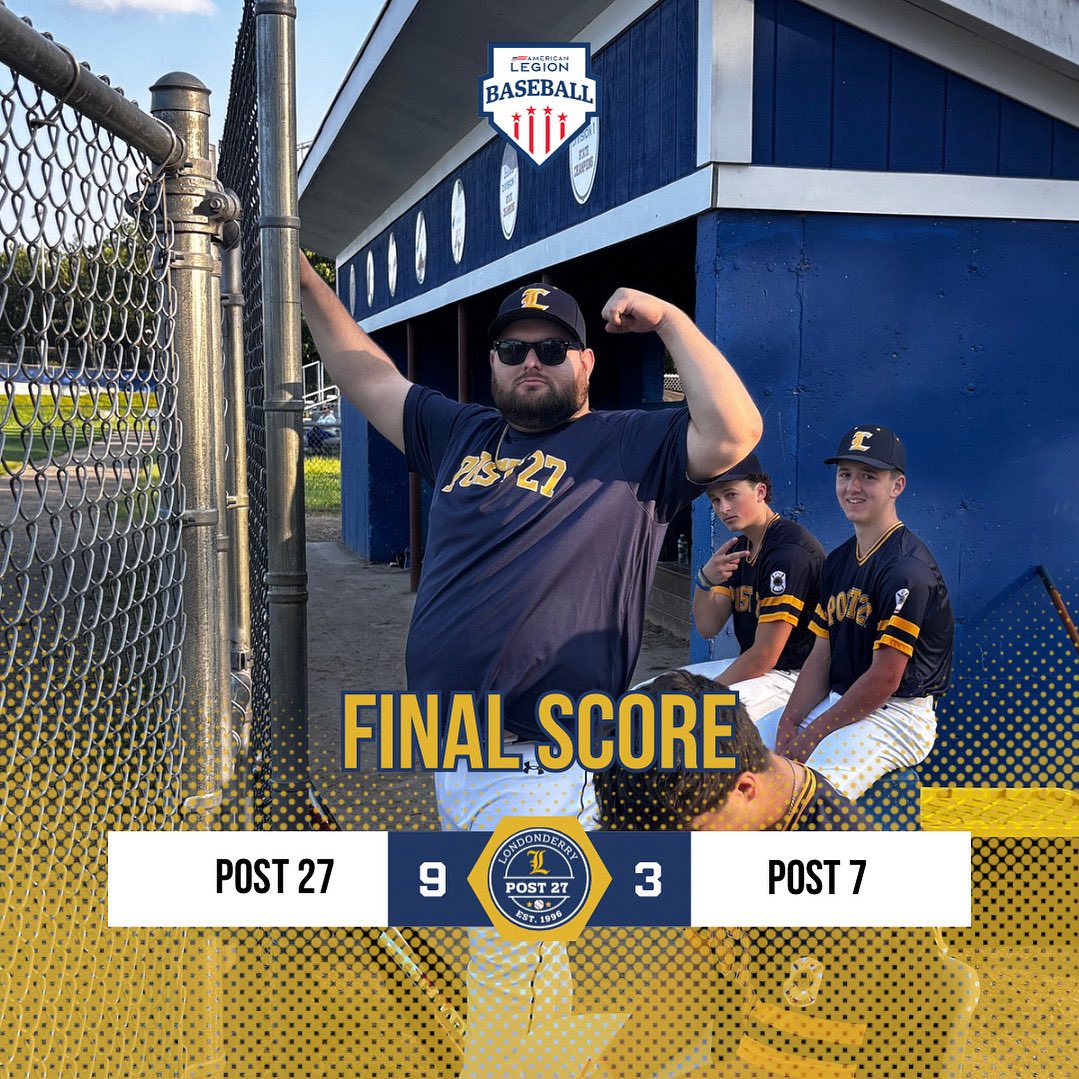 Londonderry Post 27 Baseball (@londonderry27) on Twitter photo Post 27 surges past Rochester Post 7 with a 5-run 6th inning to win 9–3!
Caden Jordan went 2-for-4 with 2 RBI, Kevin Mackey swiped 3 bags, and the defense was flawless.
Ryan Perry gets the W, Blaisdell with the save.
.
.
<a href="/Baseball_Notes/">NH Baseball Notes</a> <a href="/603SportsMedia/">Roger Brown</a> <a href="/LHSLancers17/">Brent Demas</a> Post 27 surges past Rochester Post 7 with a 5-run 6th inning to win 9–3!
Caden Jordan went 2-for-4 with 2 RBI, Kevin Mackey swiped 3 bags, and the defense was flawless.
Ryan Perry gets the W, Blaisdell with the save.
.
.
<a href="/Baseball_Notes/">NH Baseball Notes</a> <a href="/603SportsMedia/">Roger Brown</a> <a href="/LHSLancers17/">Brent Demas</a>