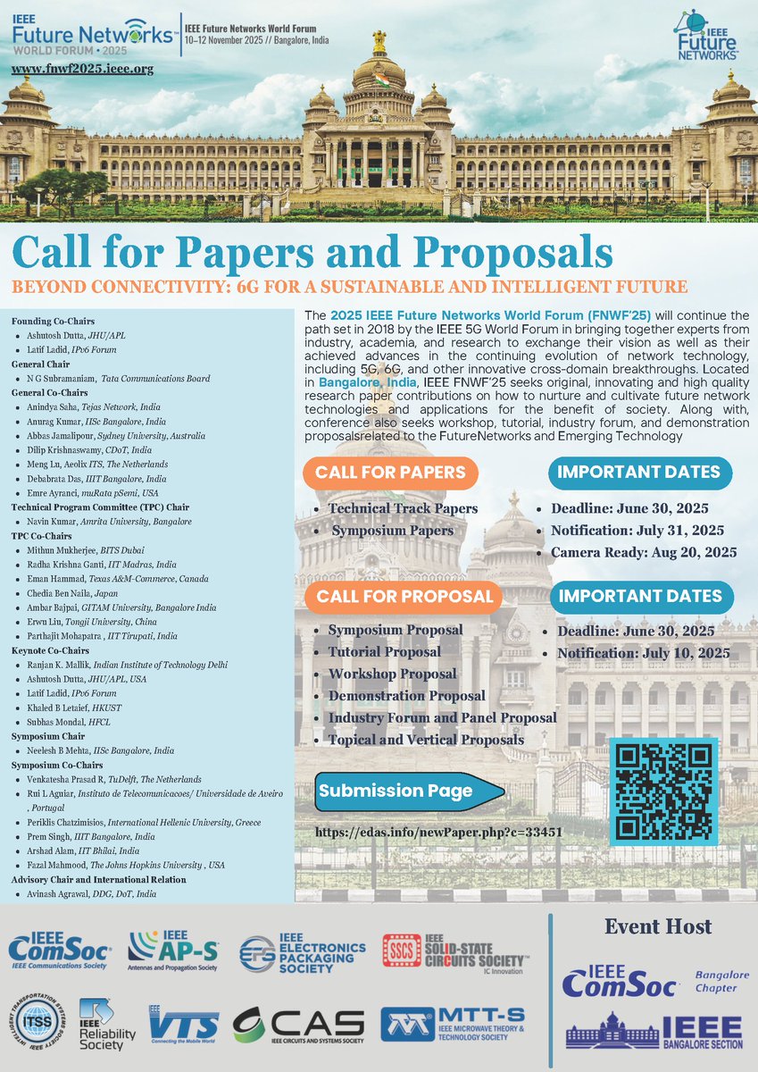 IEEE Future Networks (@ieeefuturentwks) on Twitter photo 🚀 Deadline approaching for Call for Papers & Proposals: IEEE Future Networks World Forum 2025 🚀
📍Important Dates:
Deadline: June 30, 2025
Notification: July 31, 2025
Camera Ready: August 20, 2025
📍 Event Info
10-12 November 2025 // Bangalore, India
fnwf2025.ieee.org 🚀 Deadline approaching for Call for Papers & Proposals: IEEE Future Networks World Forum 2025 🚀
📍Important Dates:
Deadline: June 30, 2025
Notification: July 31, 2025
Camera Ready: August 20, 2025
📍 Event Info
10-12 November 2025 // Bangalore, India
fnwf2025.ieee.org