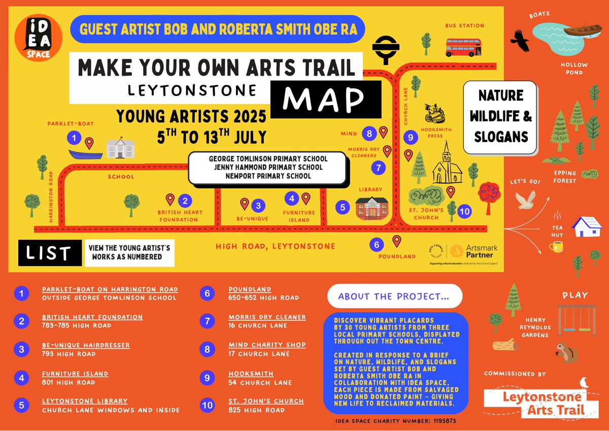 Ideaspace3's tweet image. The Make Your Own Arts Trail map & banner is flying high on Church Lane. Discover work by 30 young artists from three local primary schools, all inspired by a Nature, Wildlife, & Slogans brief by @BobandRoberta. Join us from July 5-13 in Leytonstone. Don't miss it!