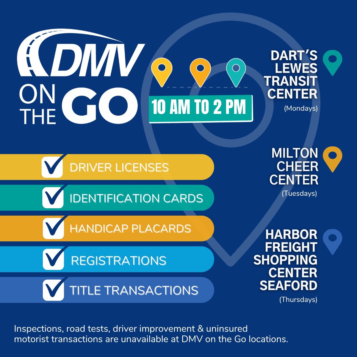 Rain or shine, DMV on the Go is open to serve you.
10:00 am – 2:00 pm:
Mondays - DART First State's Lewes Transit Center
Tuesdays - Sussex County Milton CHEER Center
Thursdays - Harbor Freight Shopping Center in Seaford
bit.ly/3KrCQON
#DMVontheGo #MoreWaystoDMV