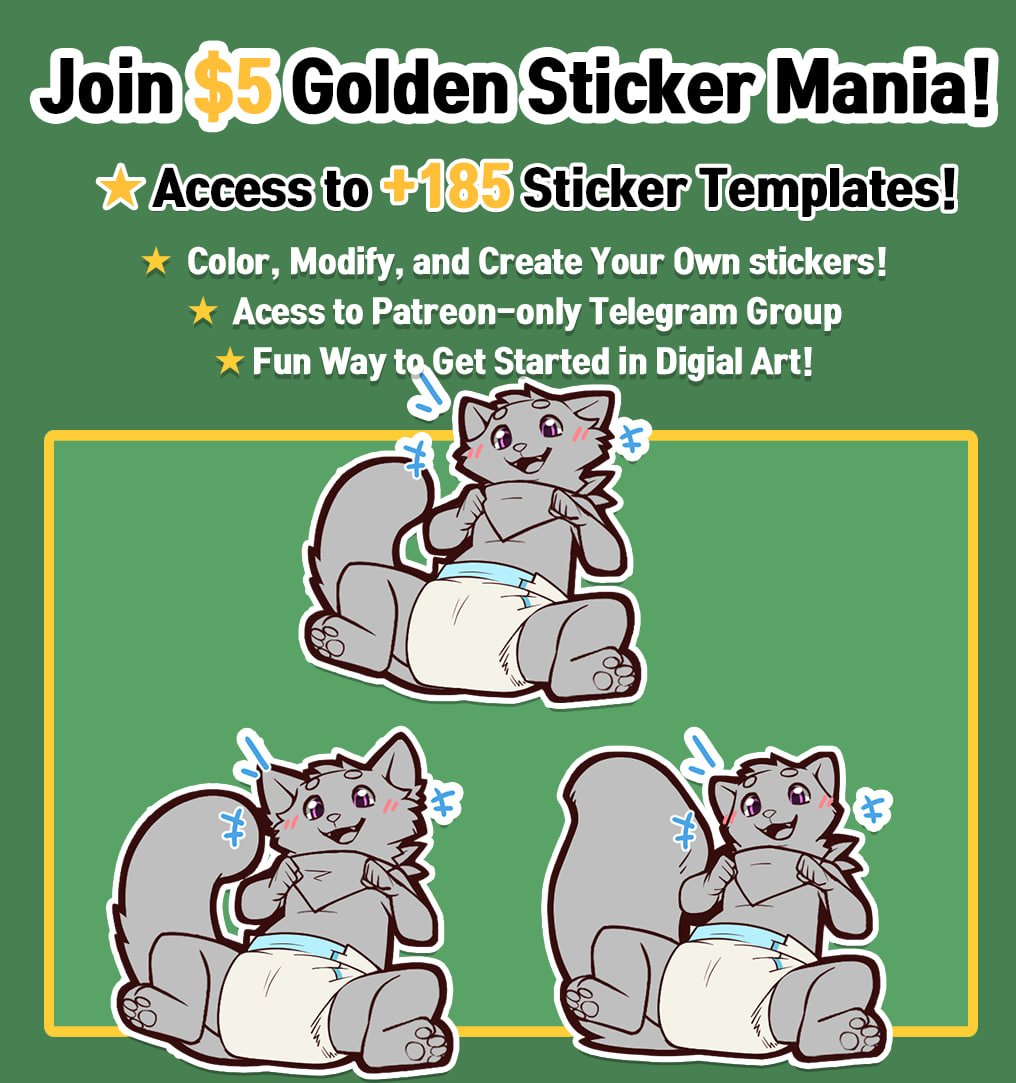 Join the $5 Golden Sticker Mania tier to gain access to +185 sticker templates!

I'm Adorable! (Crinkle Edition)

Finally we've got diapered versions for raccoon, red panda, and skunk!
For next theme, it will be DnD themed, starting with Wizard!
Enjoy coloring :)!