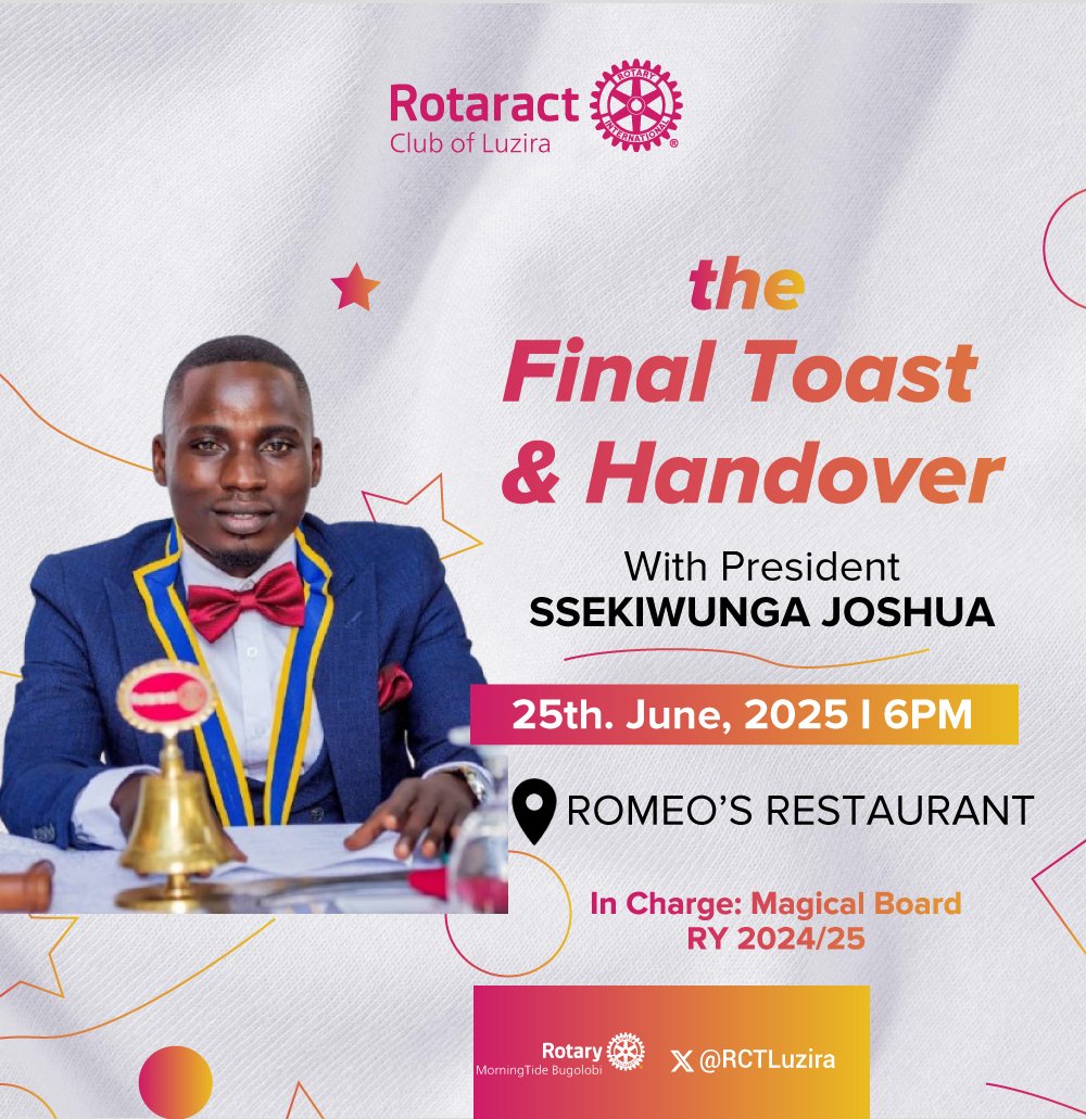 Rotaract Club of Luzira - The Wardens (@rctluzira) on Twitter photo Farewell & hello! Toasting to <a href="/Ssekiwunga35314/">Ssekiwunga Joshua</a> CP's incredible tenure & Welcoming New Leadership! The Rotaract Club of Luzira's spirit remains strong! Join us for the final toast and handover!!
<a href="/RcMorningTide/">#Tiders</a>
<a href="/RotaractD9213/">Rotaract District 9213</a>
<a href="/rotaryd9213/">Rotary District 9213</a> #LeadershipHandover #MagicalBoardRY2024 Farewell & hello! Toasting to <a href="/Ssekiwunga35314/">Ssekiwunga Joshua</a> CP's incredible tenure & Welcoming New Leadership! The Rotaract Club of Luzira's spirit remains strong! Join us for the final toast and handover!!
<a href="/RcMorningTide/">#Tiders</a>
<a href="/RotaractD9213/">Rotaract District 9213</a>
<a href="/rotaryd9213/">Rotary District 9213</a> #LeadershipHandover #MagicalBoardRY2024
