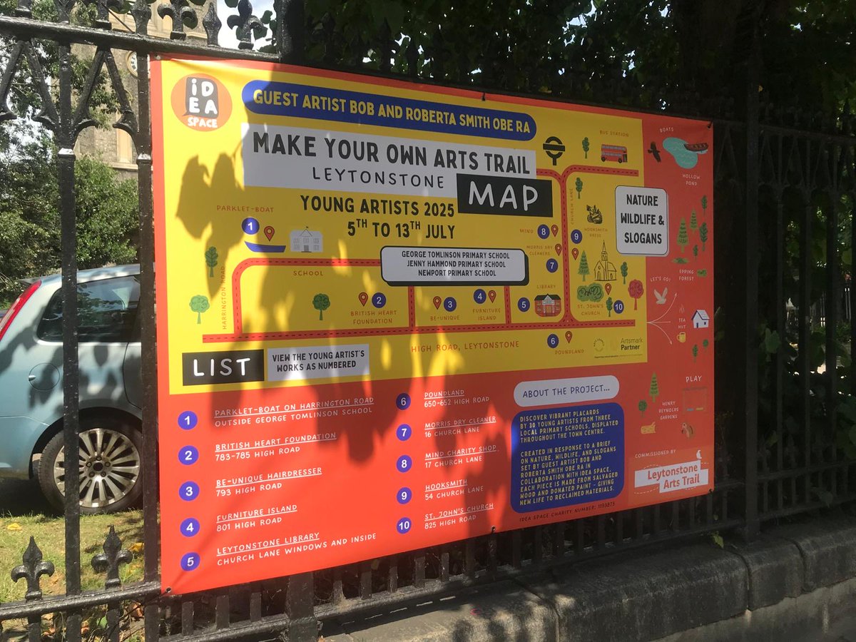 Ideaspace3's tweet image. The Make Your Own Arts Trail map & banner is flying high on Church Lane. Discover work by 30 young artists from three local primary schools, all inspired by a Nature, Wildlife, & Slogans brief by @BobandRoberta. Join us from July 5-13 in Leytonstone. Don't miss it!