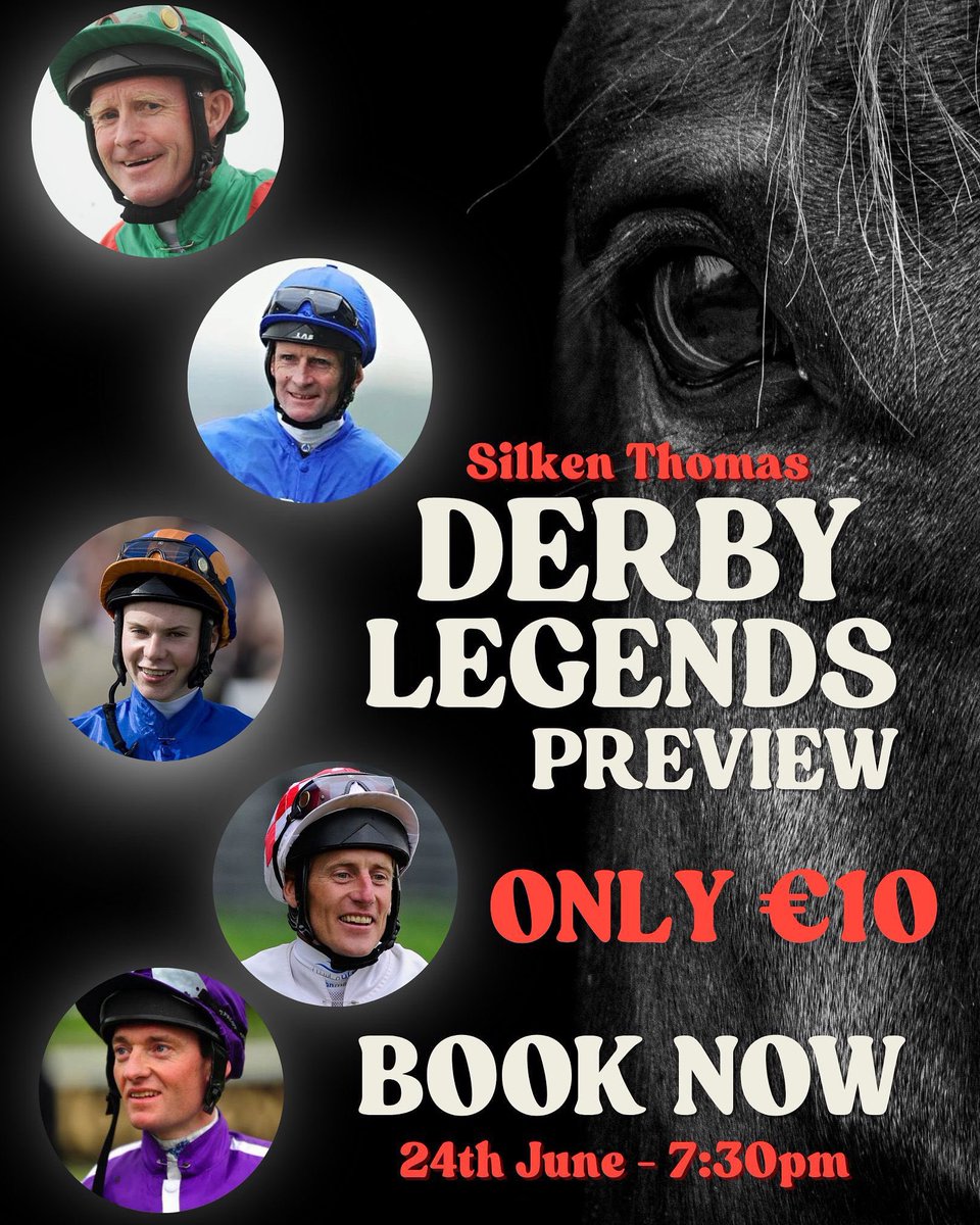 The Curragh Racecourse (@curraghrace) on Twitter photo 3 Days to Go! Only €10 per Person!
Join us at our Derby Legends Evening in association with <a href="/BarOneRacing/">Bar One Racing</a> a highlight of the Kildare Derby Festival! Listen to Irish Derby winning jockeys share their captivating stories including <a href="/JohnnyMurtagh/">Johnny Murtagh</a>, <a href="/JosephOBrien2/">Joseph O'Brien</a>, Seamie Heffernan, 3 Days to Go! Only €10 per Person!
Join us at our Derby Legends Evening in association with <a href="/BarOneRacing/">Bar One Racing</a> a highlight of the Kildare Derby Festival! Listen to Irish Derby winning jockeys share their captivating stories including <a href="/JohnnyMurtagh/">Johnny Murtagh</a>, <a href="/JosephOBrien2/">Joseph O'Brien</a>, Seamie Heffernan,