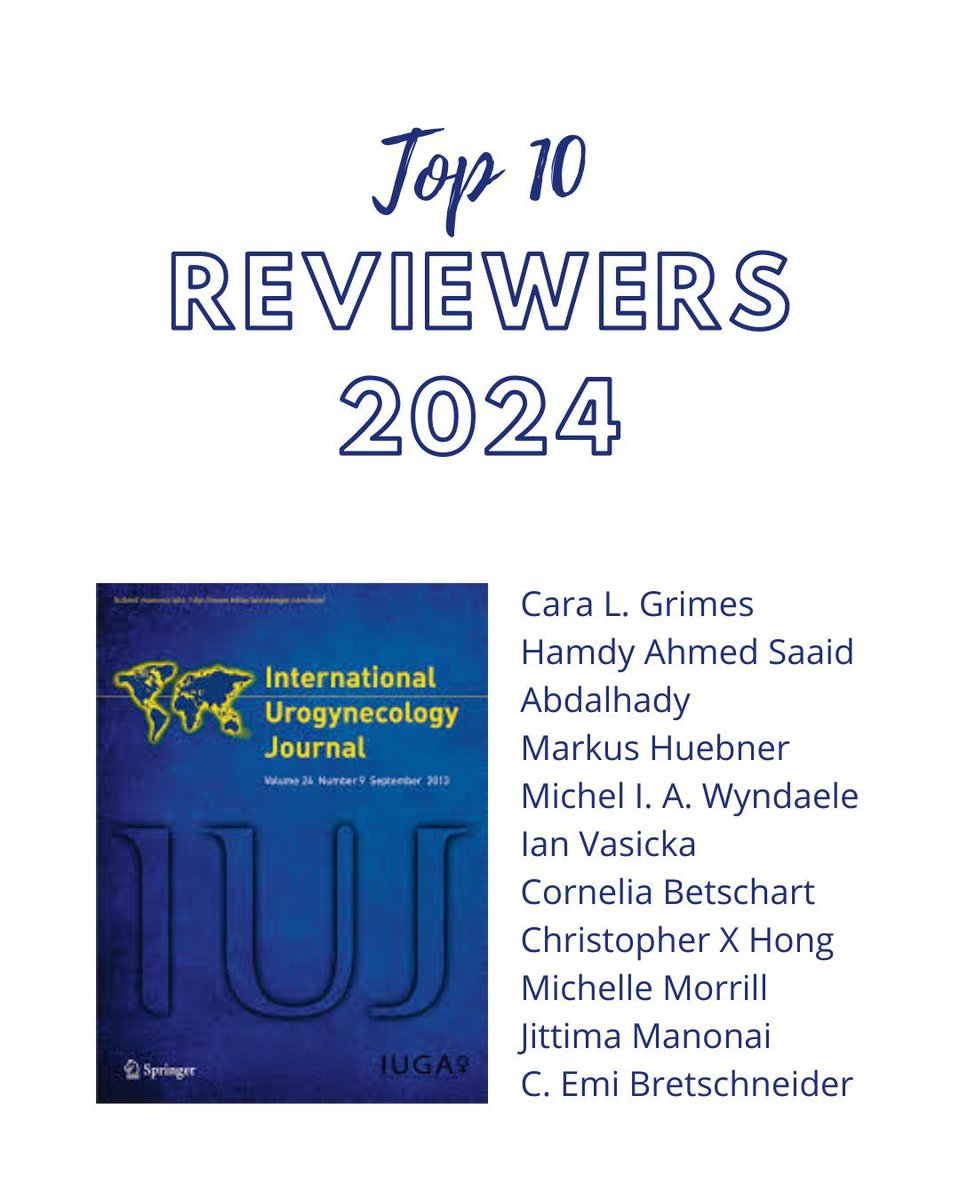 @iuj_bluejournal top 10 reviewers for 2024 have been announced at #iugaeuga2025 meeting. Thank you for your time, effort, and high-quality reviews! 🏆 

<a href="/iugaoffice/">International Urogynecological Association (IUGA)</a> @clinmedjournals

#urogynecology #internationalurogynecologyjournal #obgyn #iuj_bluejournal