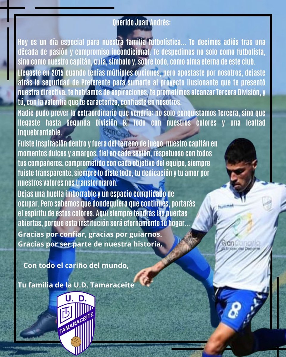 🤍🫂Despedida🫂🤍

🤝Gracias por forjar el legado glorioso de nuestro camino, Juan Andrés, siempre serás leyenda de nuestro club🤝

#VamosTamara #Despedida #TerceraRFEF #Impulso27